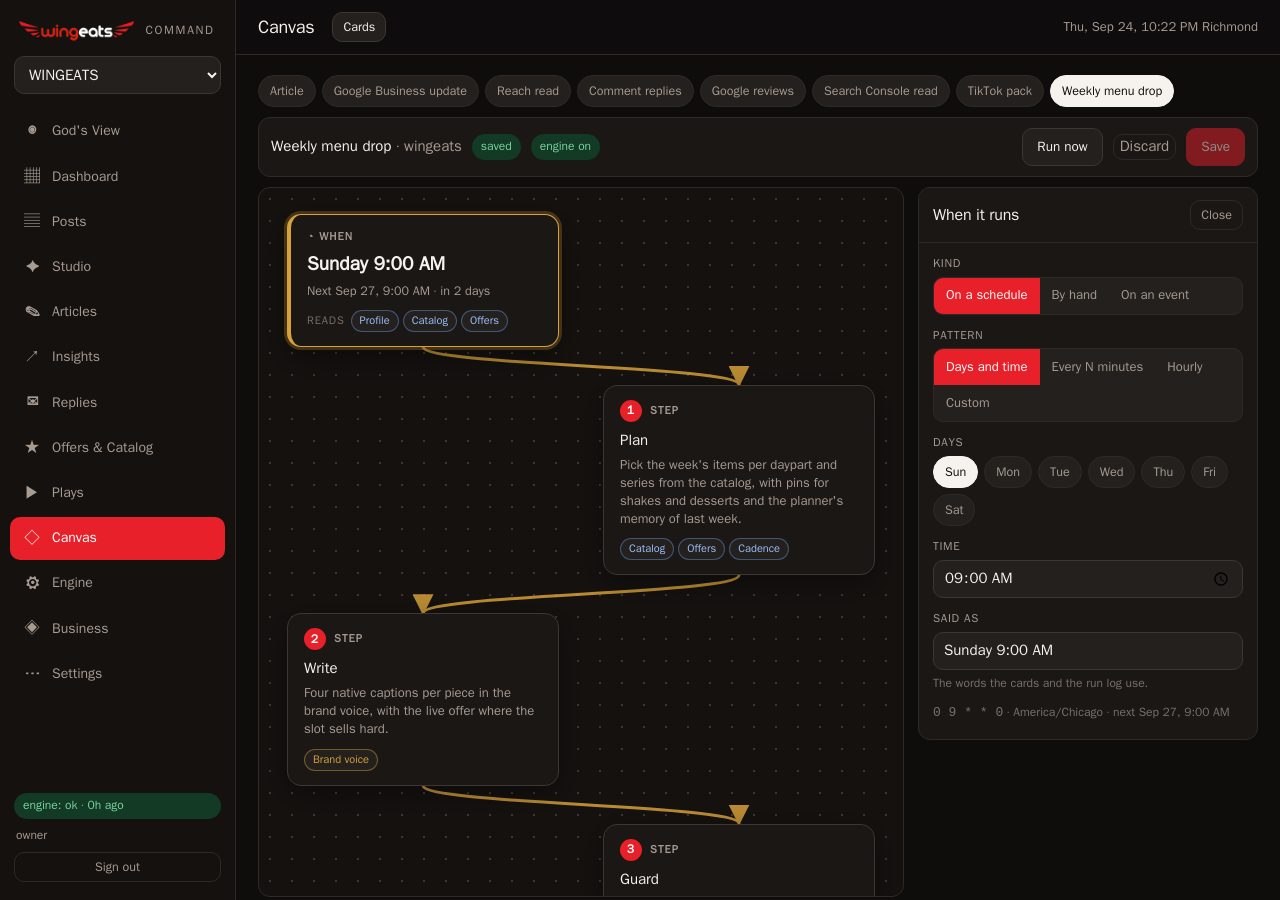 The canvas: a Play drawn as large nodes with an inspector